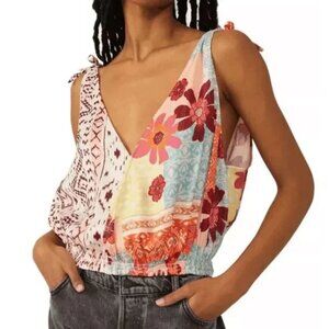 Free People Cross front Shoulder Tie Adjustable tank Small Floral Tropic…